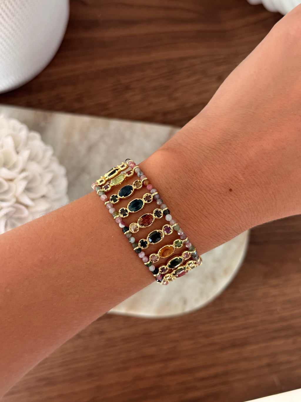 Bracelet Naise en pierres naturelles et acier inoxydable doré – coloris Tourmaline (multicolore) – bijou Adalima