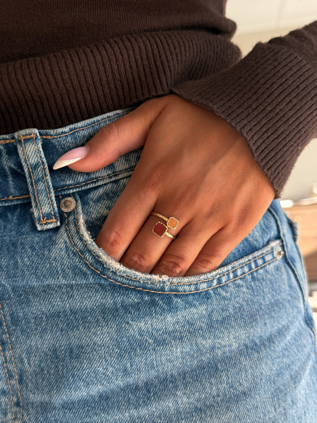 bague en acier inoxydable et pierres naturelles cornaline