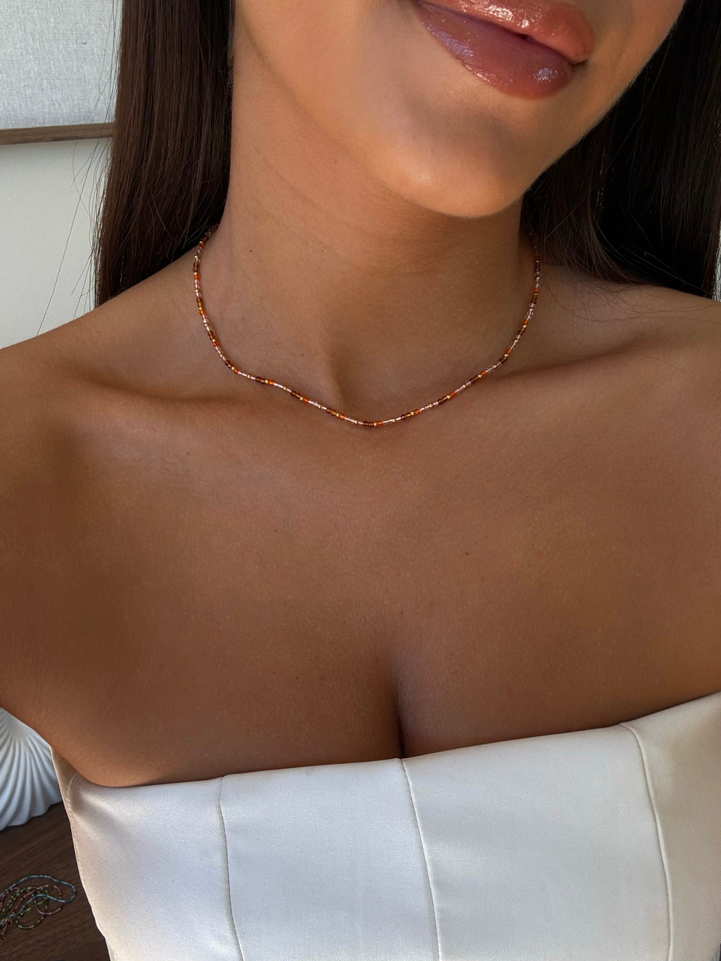 Collier Yaelle à perles, en acier inoxydable doré – coloris Orange – bijou Adalima