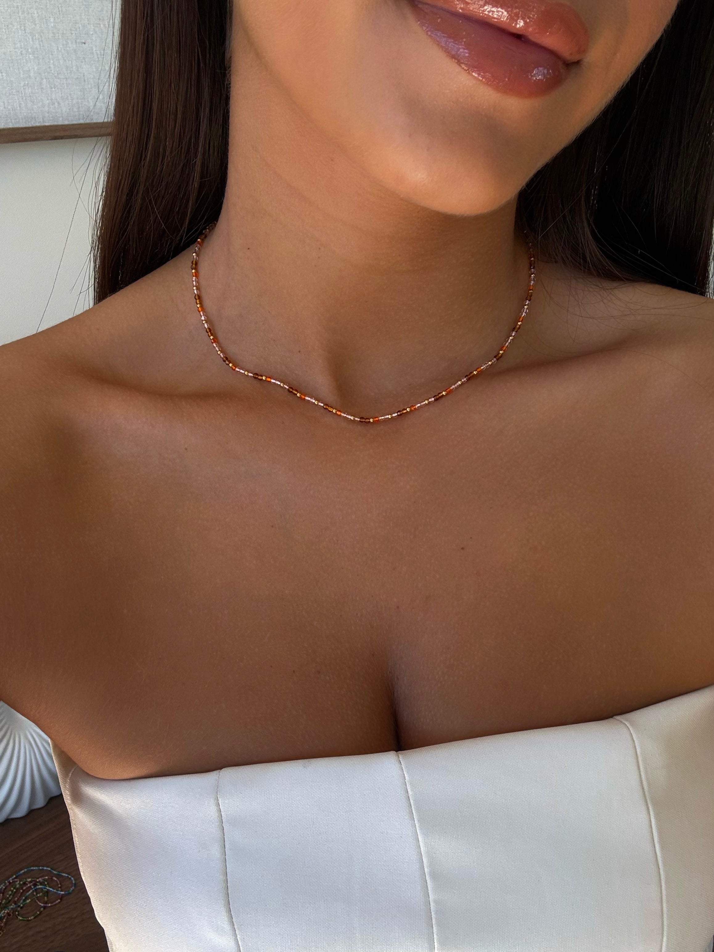Collier Yaelle à perles, en acier inoxydable doré – coloris Orange – bijou Adalima