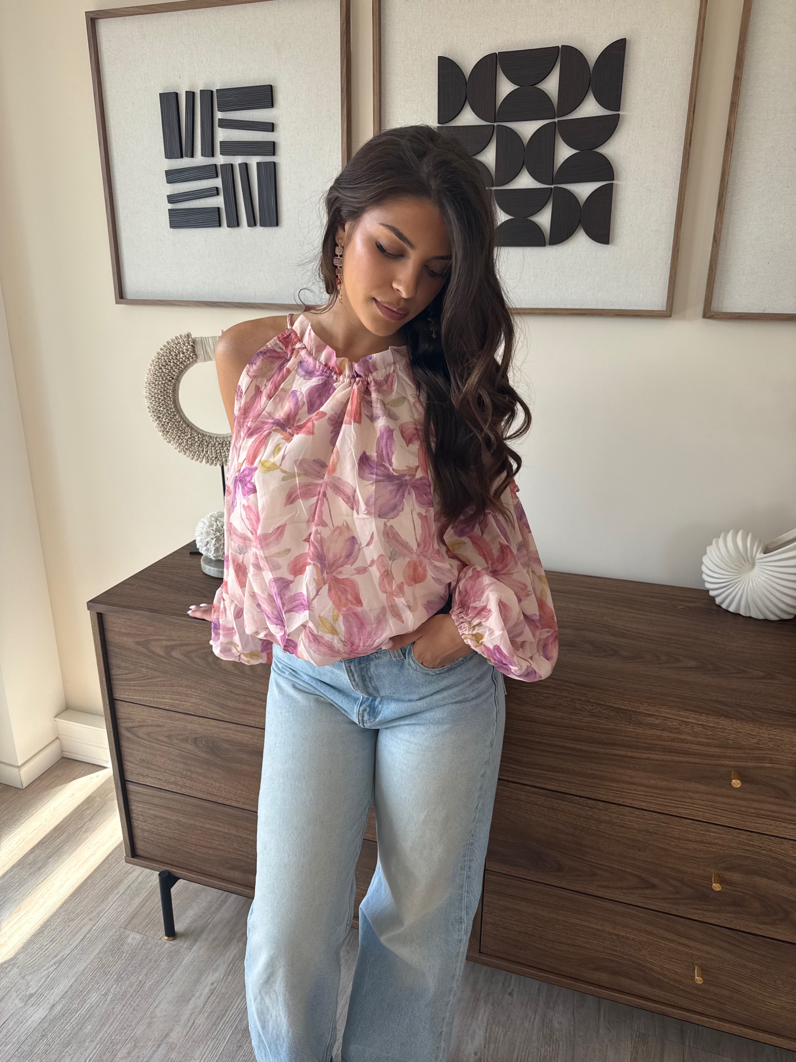 blouse tendance pour femmes à motifs florals aux nuances rosées