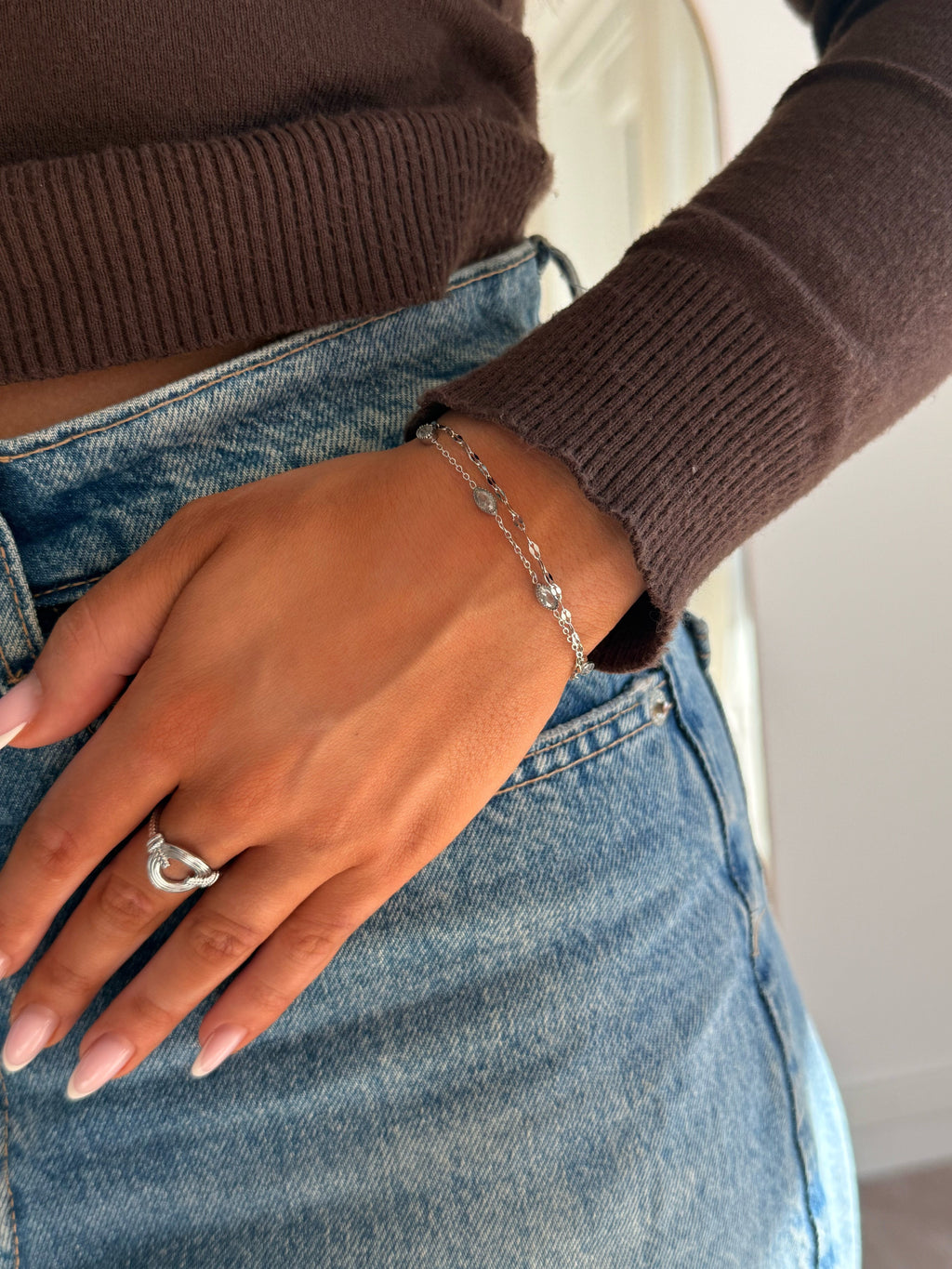 bracelet doublé en acier inoxydable argenté