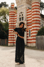 ensemble jupe longue et blouse en transparence noir