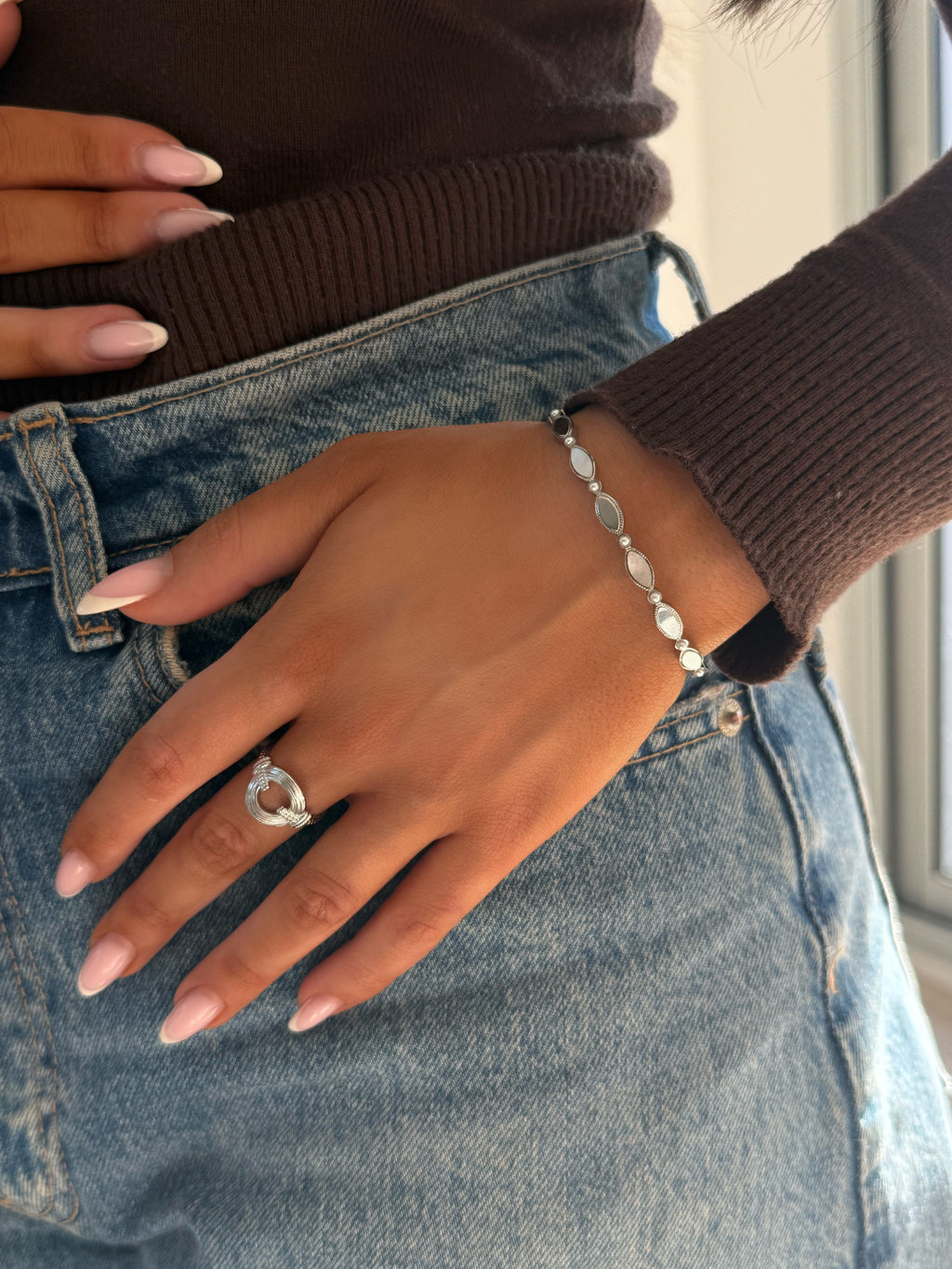 jonc nacré argenté en acier inoxydable