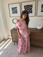 robe longue rose à imprimés bordeaux